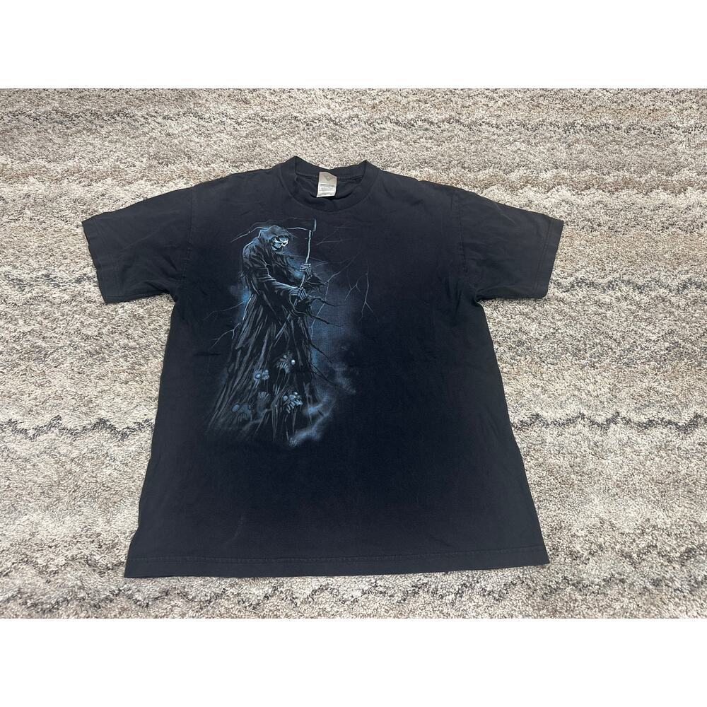 Vintage Y2K Black Graphic T-Shirt With Grim Reaper Men’s Size Large